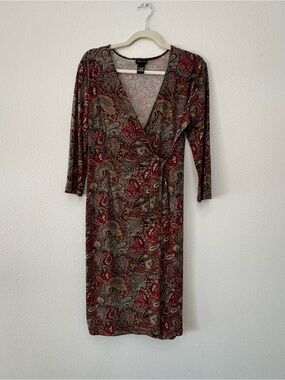 Chapter One Vintage Style Paisley Faux Wrap Midi Dress Earthy Boho Sz L BohoChic